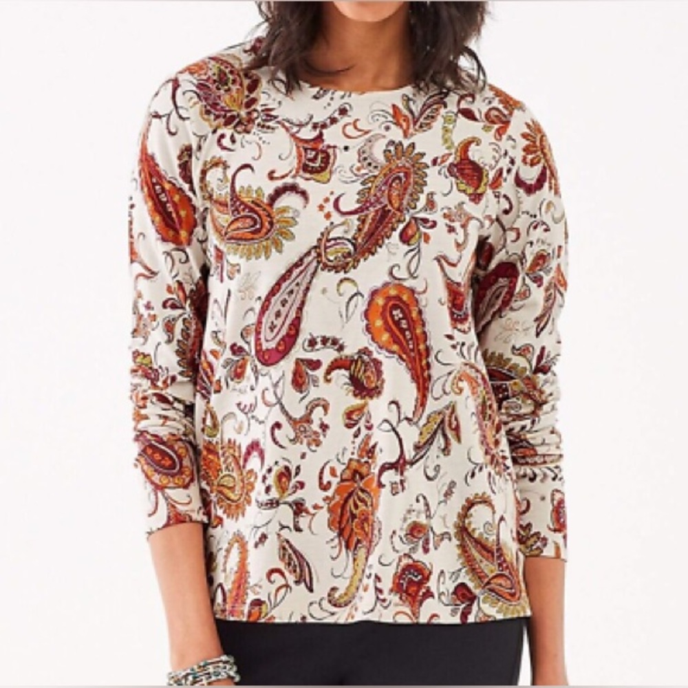 J. Jill Ornate Paisley Print Long Sleeve Top  with slanted yoke and slit sz XSp